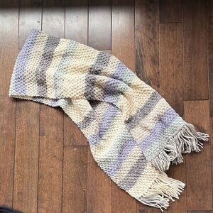Vintage handmade Cozy Striped Fringe Scarf in Cream, Gray & Lavender 64” long